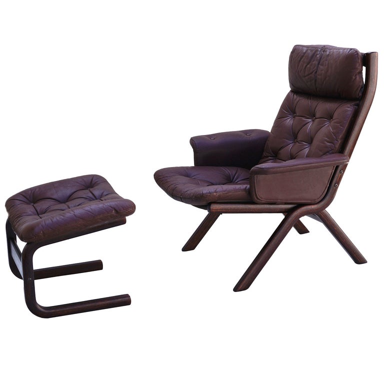 Danish Modern Leather Sculptural Sling Lounge Chair and Ottoman at