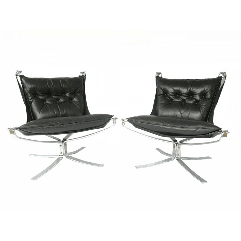 Pair Mid-Century Falcon chairs Chrome Leather Sigurd Resell