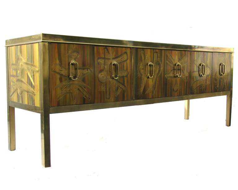 William Dozema credenza cabinet for Mastercraft with exterior treatment designed and executed by Bernard Rohne c.1975.
