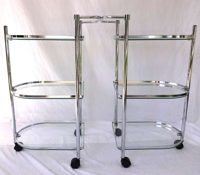 Mid-Century Modern chrome and glass bar cart. Two are available. Price is for each. 30