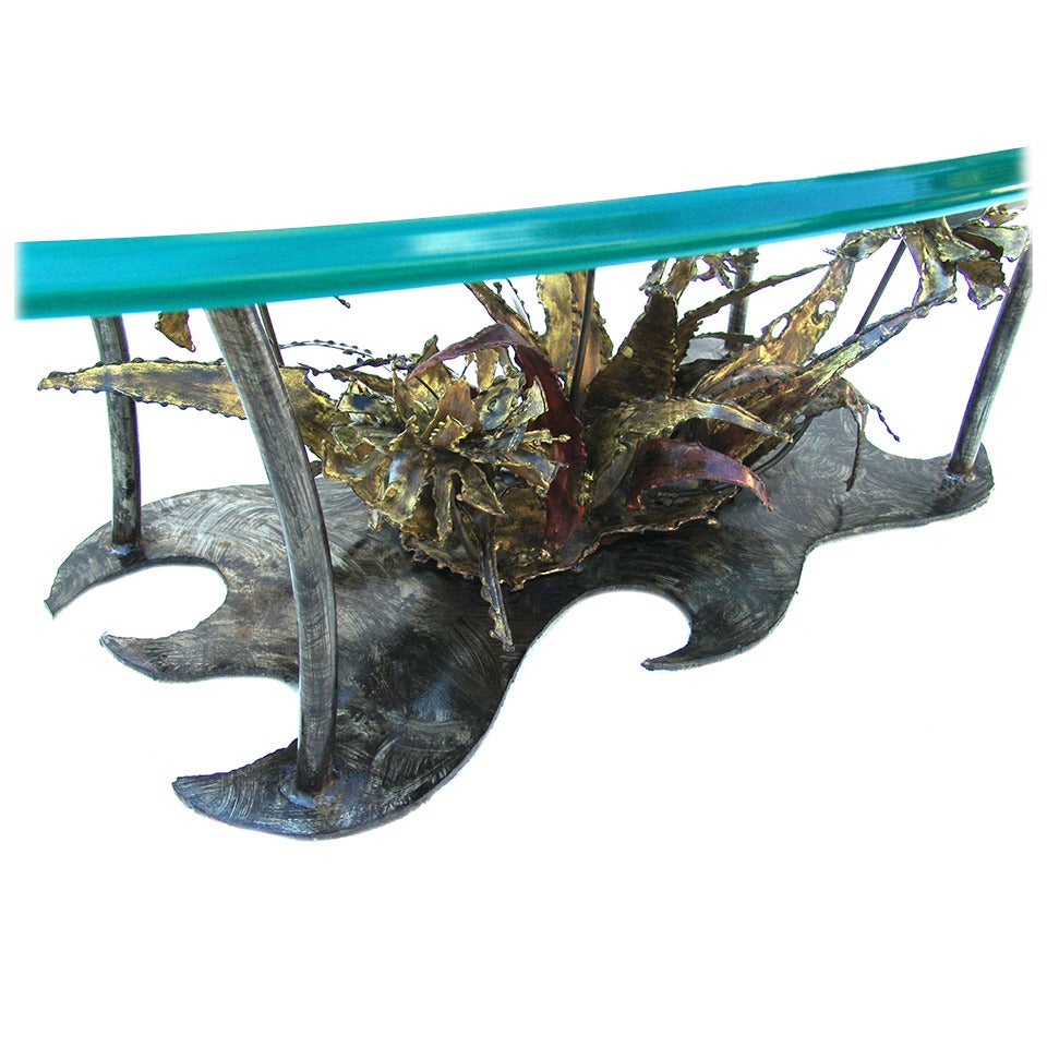 Silas Seandel Floral Brutalist Coffee Table with Beveled Oval Glass Top