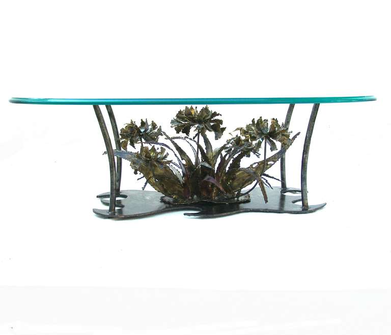 Modern Silas Seandel Floral Brutalist Coffee Table with Beveled Oval Glass Top