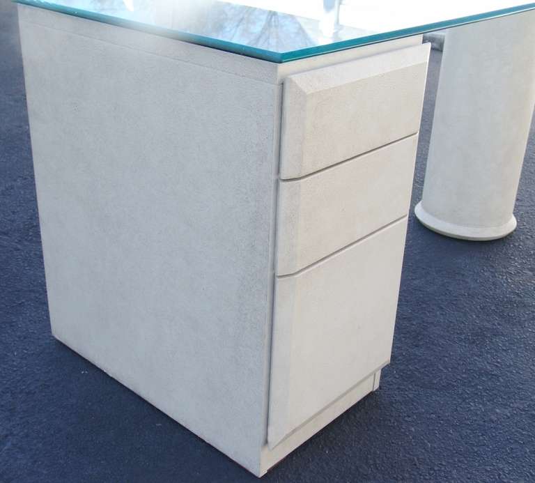 Glam Hollywood Regency Lane Desk Vanity Pedestal Mid-Century Modern.  The dimensions are 58 inches long by 26 1/4 deep by 29 1/2 inches tall .It has light wear from age/use. Finished on both sides, so could use in the middle of a room.