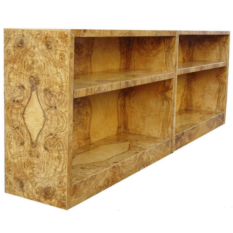 Pair Milo Baughman burlwood Bookcase Credenza / Desk height shelving unit