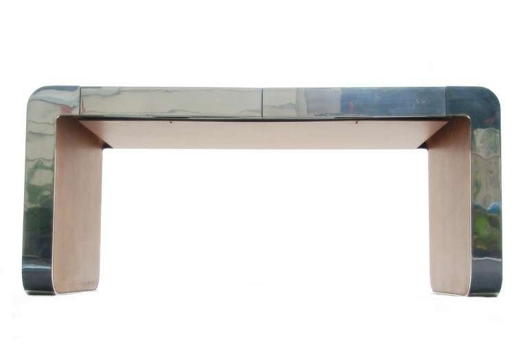 American Polished Steel and Leather Gary Gutterman Console Writing Table