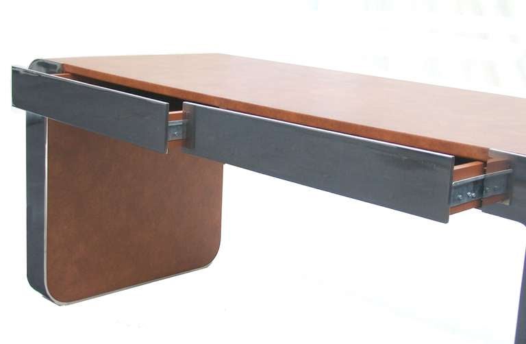 Polished Steel and Leather Gary Gutterman Console Writing Table 2