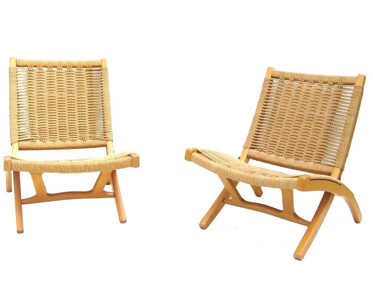 Late 20th Century Pair of Hans Wegner Style Rope Lounge Chairs and Ottomans