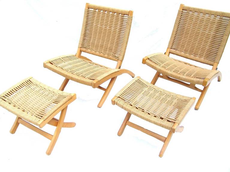 Mid-Century Modern Pair of Hans Wegner Style Rope Lounge Chairs and Ottomans