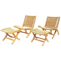 Pair of Hans Wegner Style Rope Lounge Chairs and Ottomans