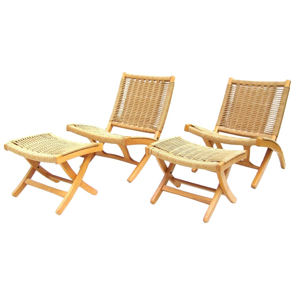 Pair of Hans Wegner Style Rope Lounge Chairs and Ottomans at 1stDibs