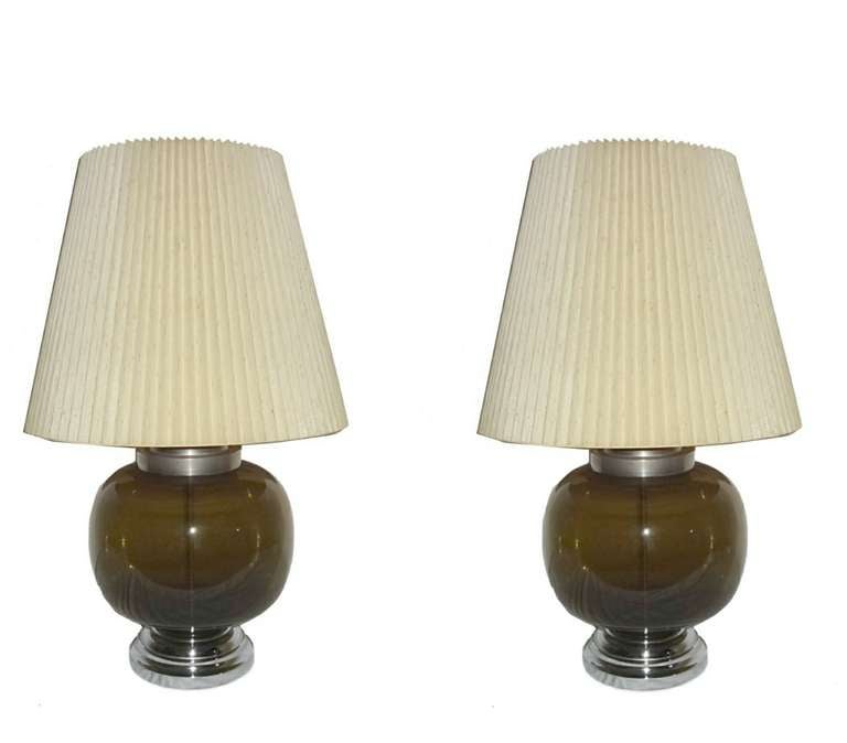 Mid-Century Modern pair of glass table lamps. 28" high to top of lampshades. 16" high to top of lightbulb.