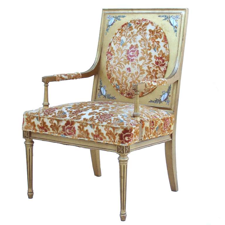 French Side Arm Gilt Hand painted Decorated Chair