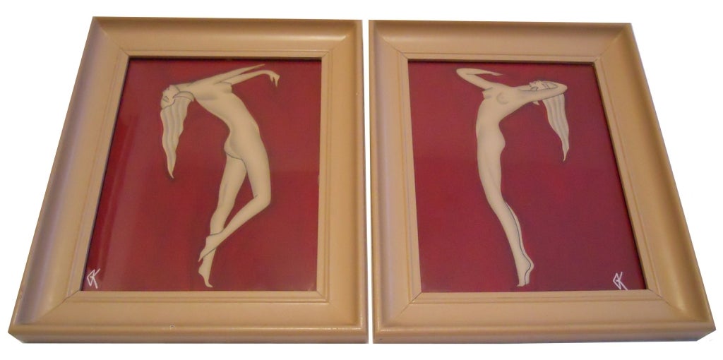Three Framed Art Deco Original Watercolor Paintings Gustave Kaitz 2
