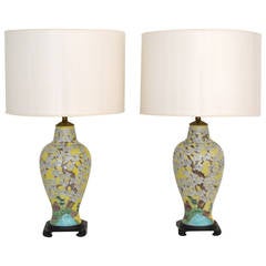 Vintage Pair of Asian Inspired Polychrome Porcelain Table Lamps