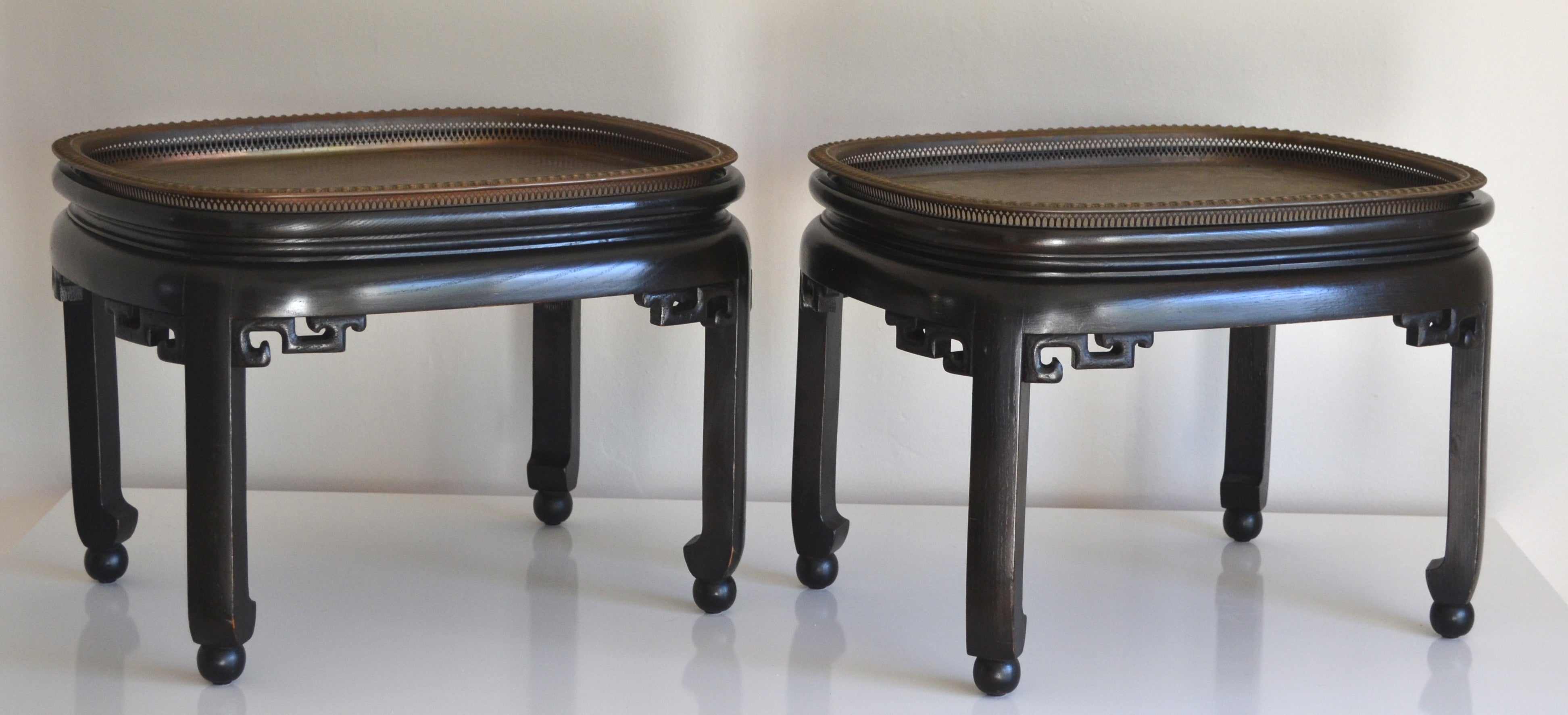 Pair of Ebonized Wood and Brass Tray Coffee Tables