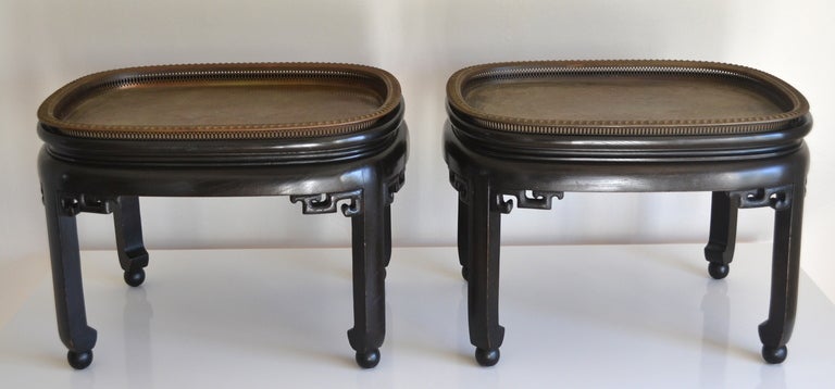 Hollywood Regency Pair of Ebonized Wood and Brass Tray Coffee Tables