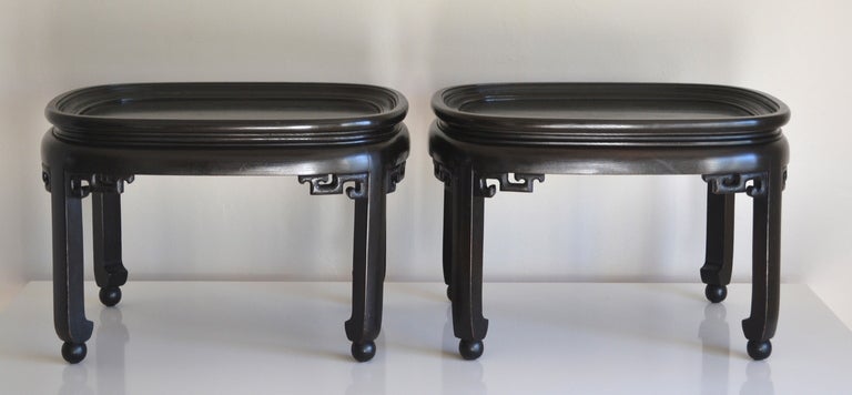 Pair of Ebonized Wood and Brass Tray Coffee Tables 1