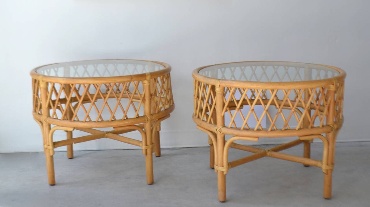 Pair of Bamboo and Glass Drum Side Tables