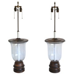 Retro Pair of Blown Glass Bell Jar Table Lamps on Hand Turned Wooden Bases