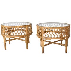 Pair of Bamboo and Glass Drum Side Tables