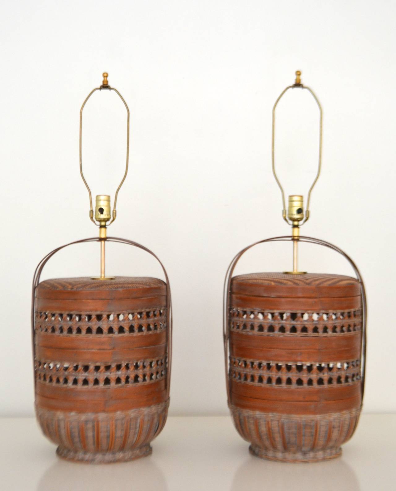 Anglo-Indian Pair of Woven Reed Basket Lamps