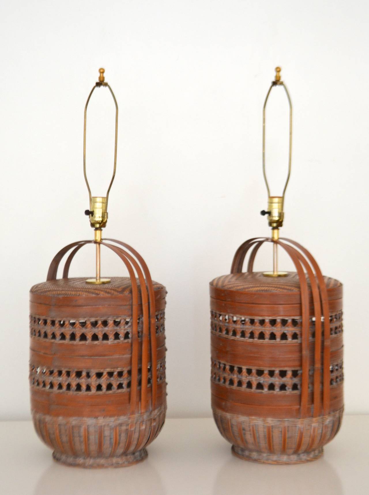 Polished Pair of Woven Reed Basket Lamps