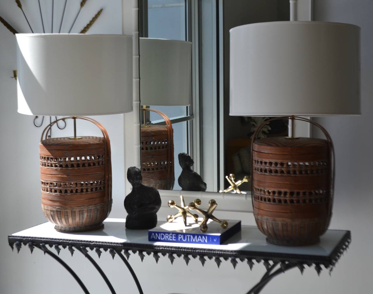 Pair of Woven Reed Basket Lamps 2