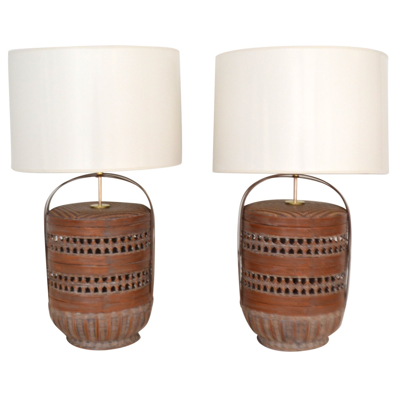 Pair of Woven Reed Basket Lamps