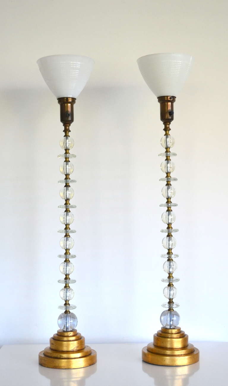 Hollywood Regency Pair of Mid-Century Modern Stacked Glass Table Lamps