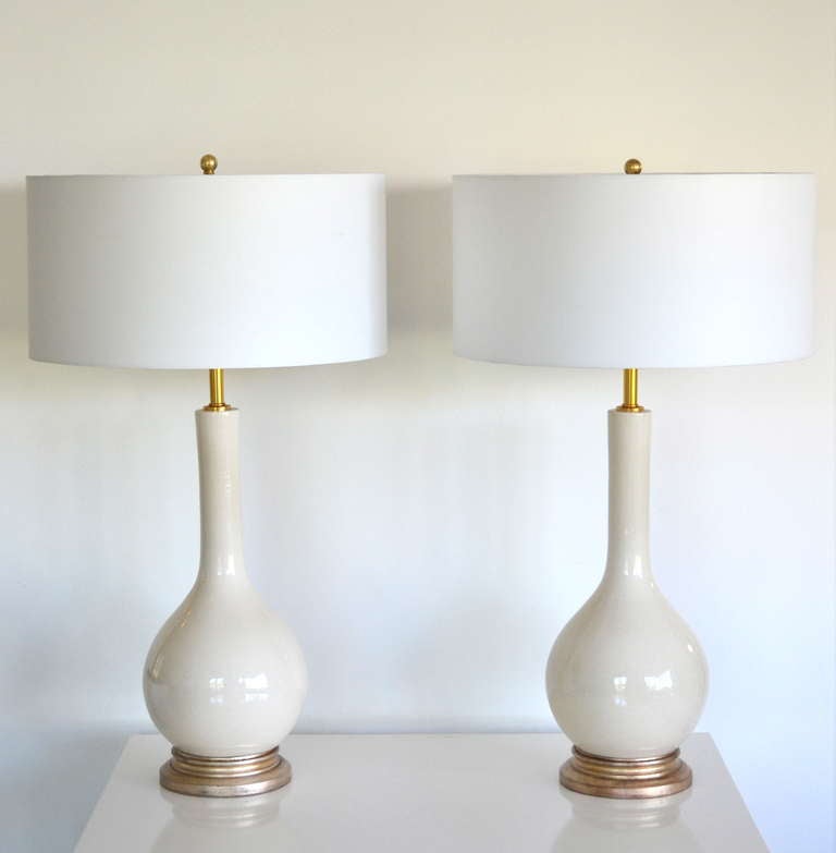 Pair of Blanc de Chine Crackle Glazed Long Necked Table Lamps