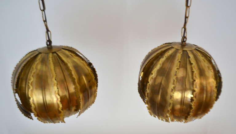 Pair of Brutalist Torch Cut Pendant Chandeliers In Excellent Condition In West Palm Beach, FL