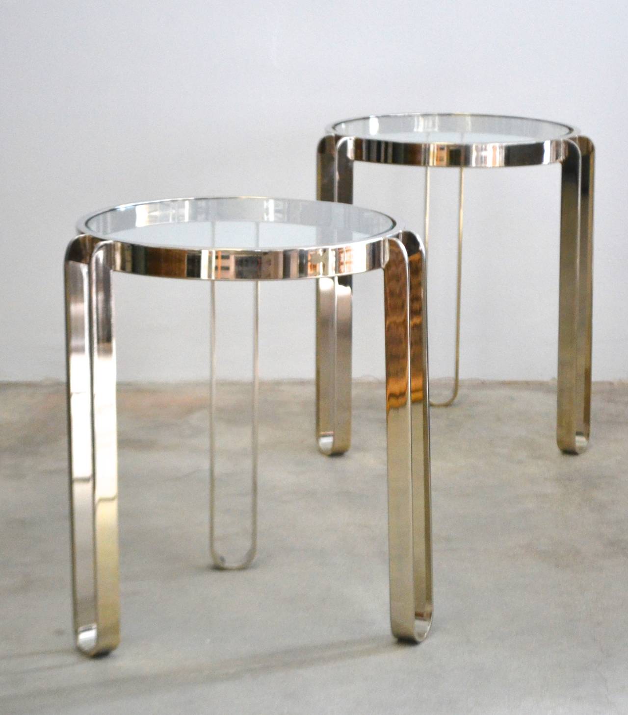 Post-Modern Pair of Nickel and Glass Side Tables
