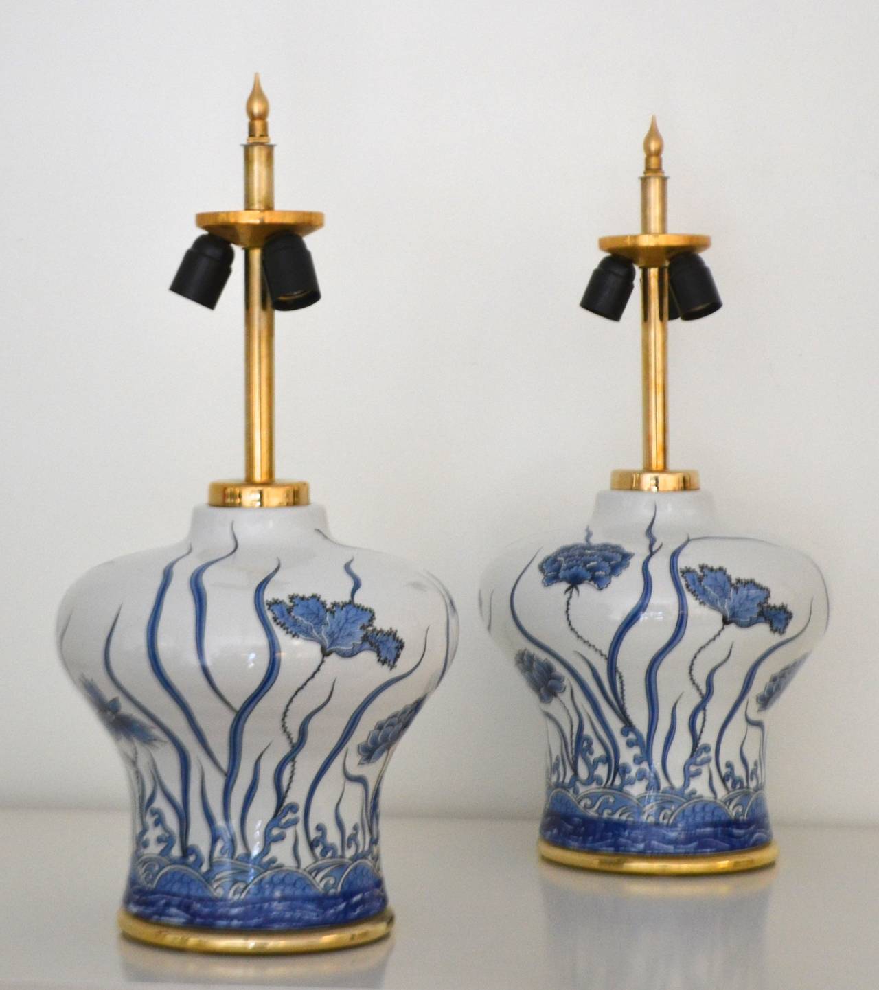 American Pair of Porcelain Blue and White Table Lamps