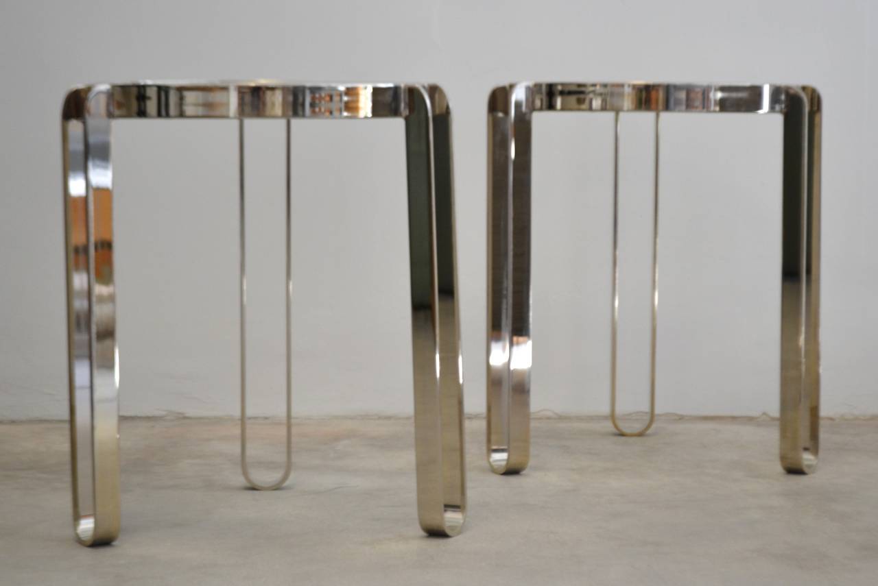 American Pair of Nickel and Glass Side Tables
