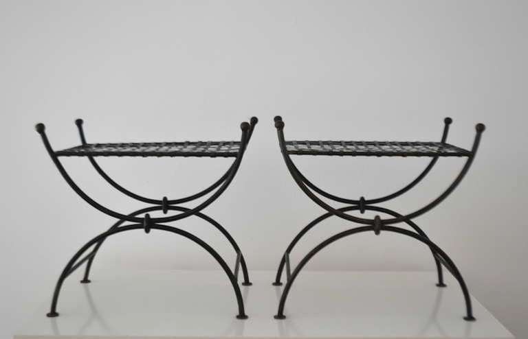 Pair of Hand-Wrought Ironwork Benches with Mongolian Lamb Cushions In Excellent Condition In Chicago, IL