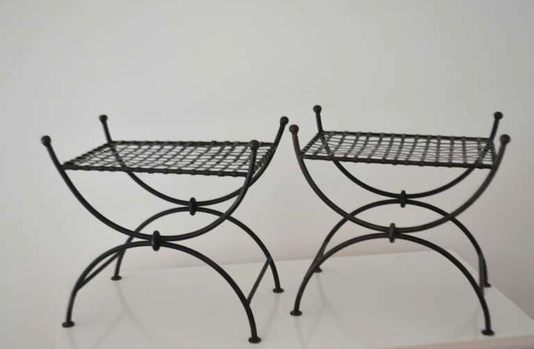 American Pair of Hand-Wrought Ironwork Benches with Mongolian Lamb Cushions