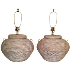 Pair of Mid-Century Modern Urn Form Woven Basket Table Lamps