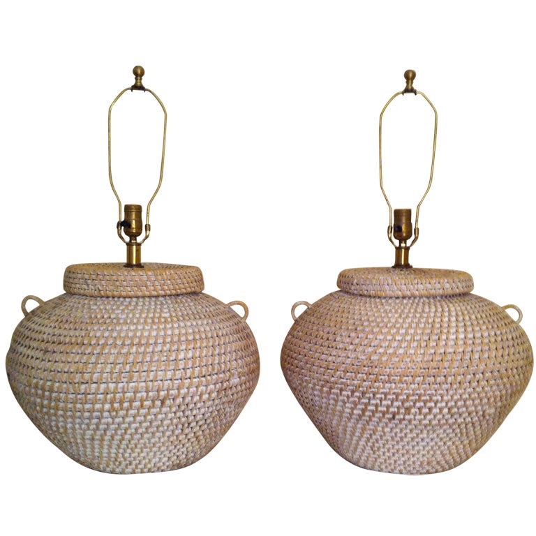 Pair of MidCentury Modern Urn Form Woven Basket Table Lamps at 1stdibs