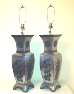 Pair of Hollywood Regency Style Asian Inspired Pewter Table Lamps