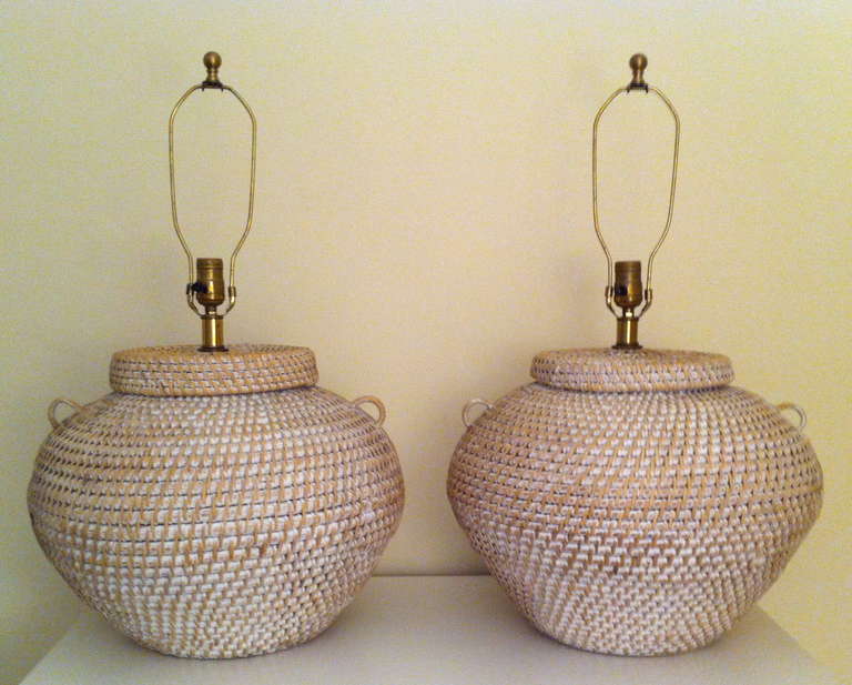 American Pair of Mid-Century Modern Urn Form Woven Basket Table Lamps