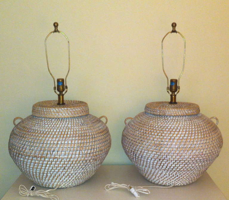 Pair of Mid-Century Modern Urn Form Woven Basket Table Lamps 1