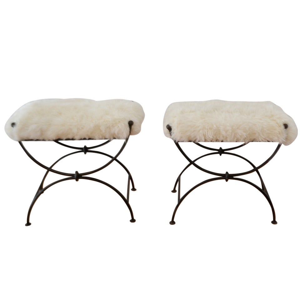 Pair of Hand-Wrought Ironwork Benches with Mongolian Lamb Cushions