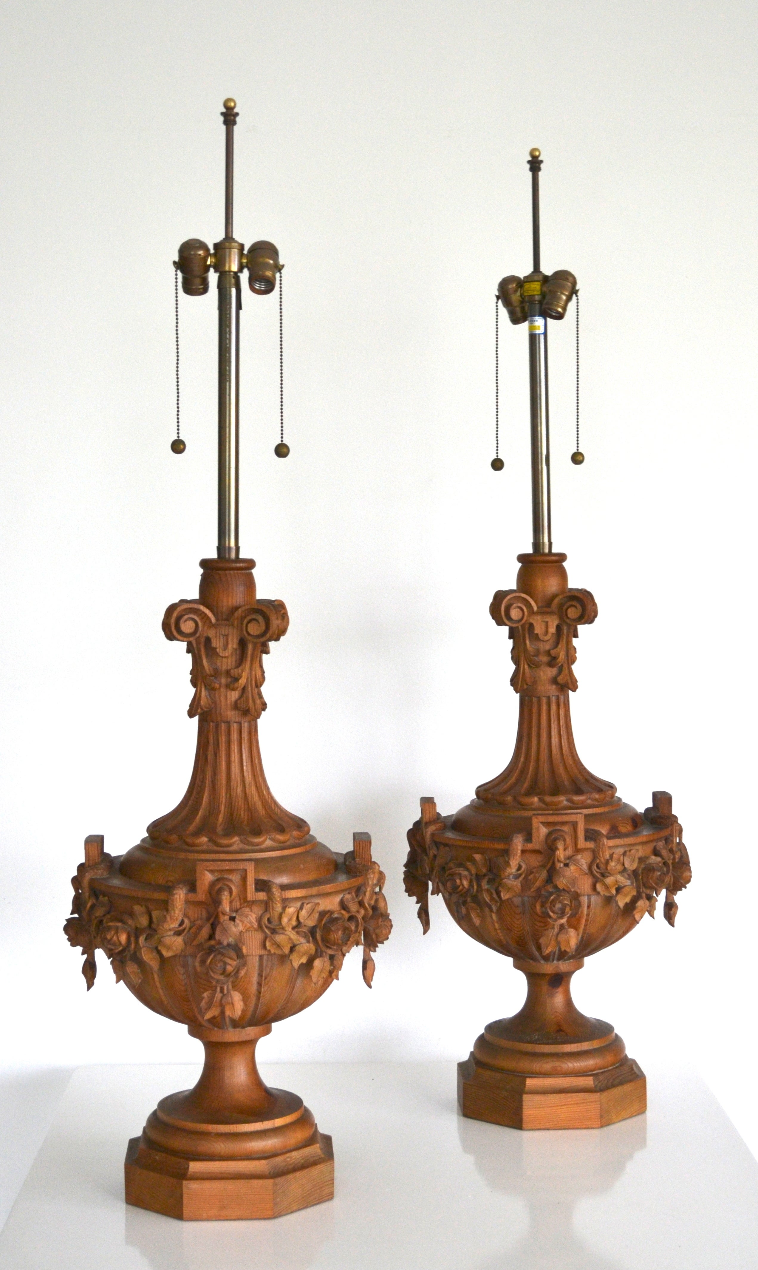 Pair of Impressive Hollywood Regency Wooden Urn Form Table Lamps by Marbro