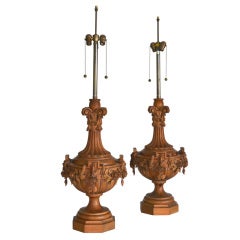Pair of Impressive Hollywood Regency Wooden Urn Form Table Lamps by Marbro