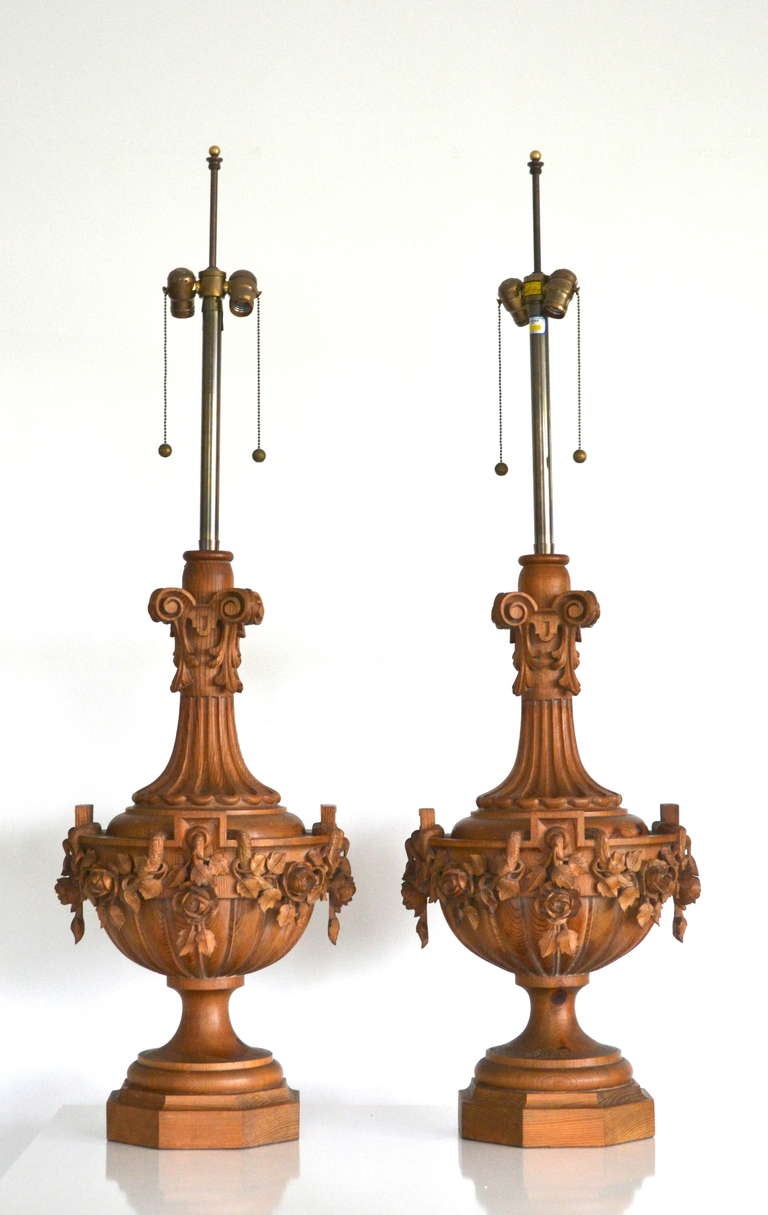 American Pair of Impressive Hollywood Regency Wooden Urn Form Table Lamps by Marbro