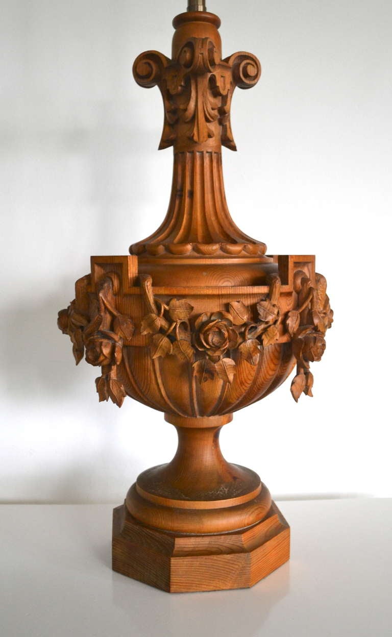 Hand-Carved Pair of Impressive Hollywood Regency Wooden Urn Form Table Lamps by Marbro