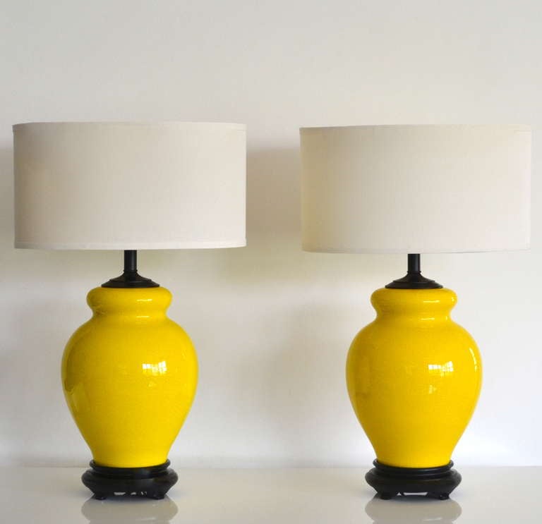 Mid-Century Modern Pair of Yellow Glazed Ceramic Table Lamps