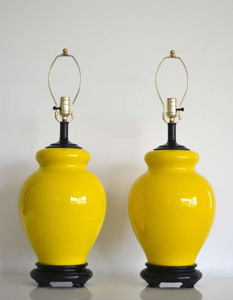 American Pair of Yellow Glazed Ceramic Table Lamps