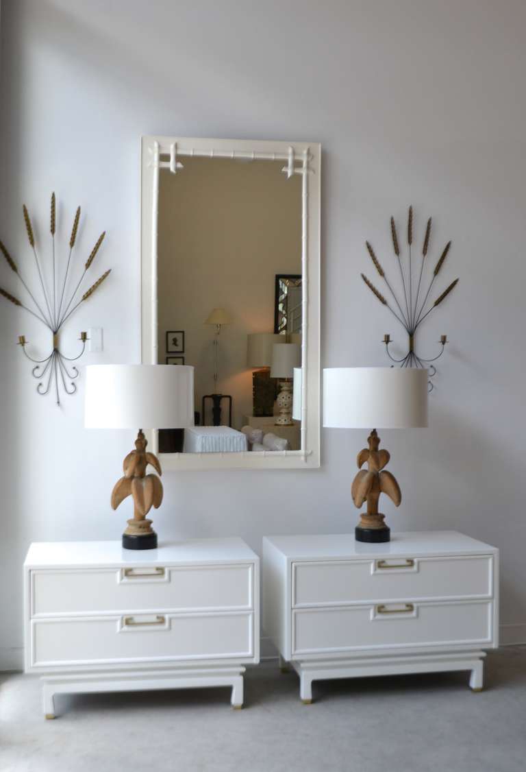 Hollywood Regency Pair of White Lacquered Side Tables with Brass Hardware