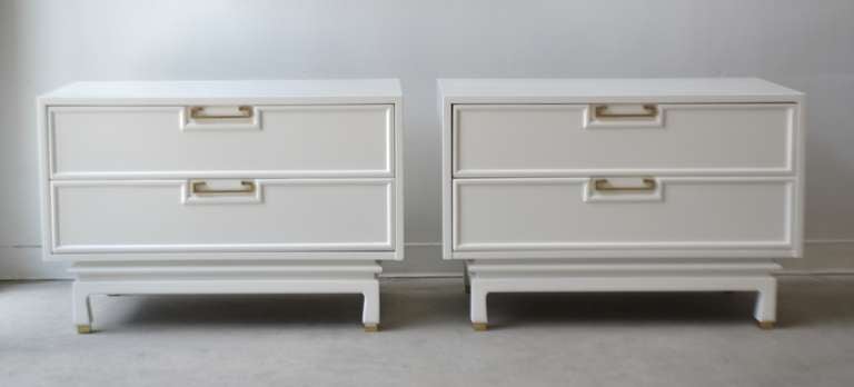 American Pair of White Lacquered Side Tables with Brass Hardware